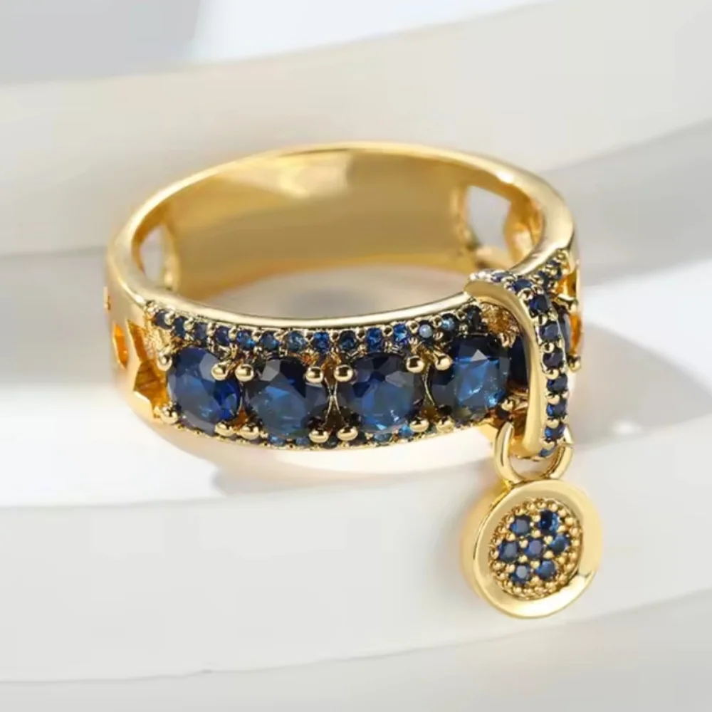 Elegant Golden and Blue Gemstone Ring Sz 8